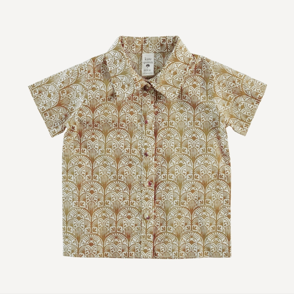 NWT 6Y Kate Quinn short sleeve button down shirt fennel deco arches Cotton Woven